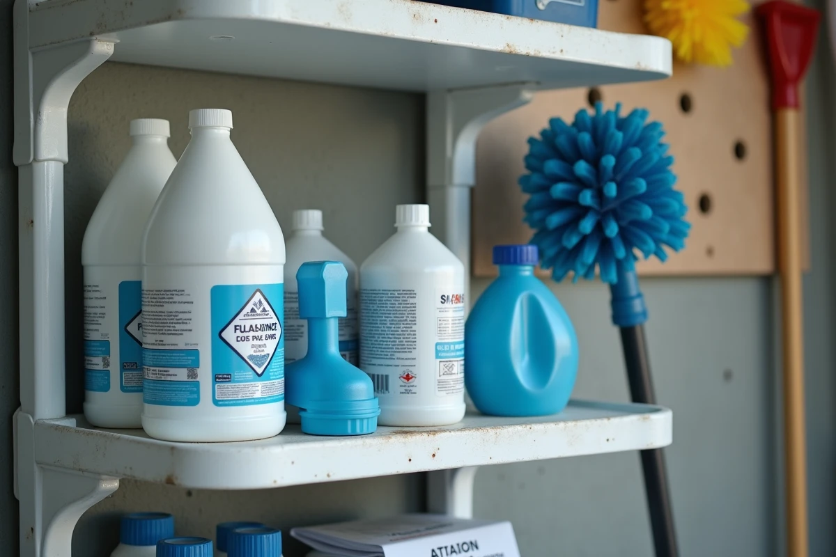 Produits de traitement de piscine dont de la javel et un kit pH rangés sur une étagère en début de saison