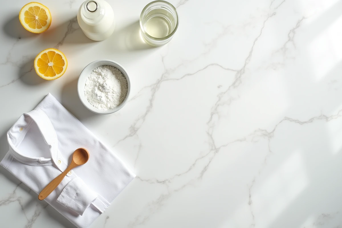 Mise en scène à plat de produits naturels pour blanchir le linge grisé : bicarbonate, citron et vinaigre blanc sur marbre