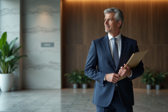 Homme d'affaires en costume dans un lobby moderne