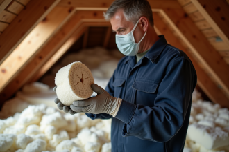 Hommes en uniforme examinant un échantillon d'isolation cellulose