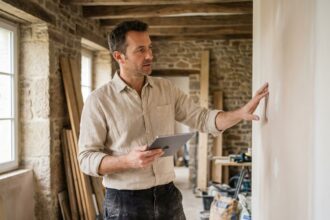 Professionnel de la rénovation dans une maison en pierre bretonne en Ille-et-Vilaine, tenant une tablette devant un mur fraîchement replâtré