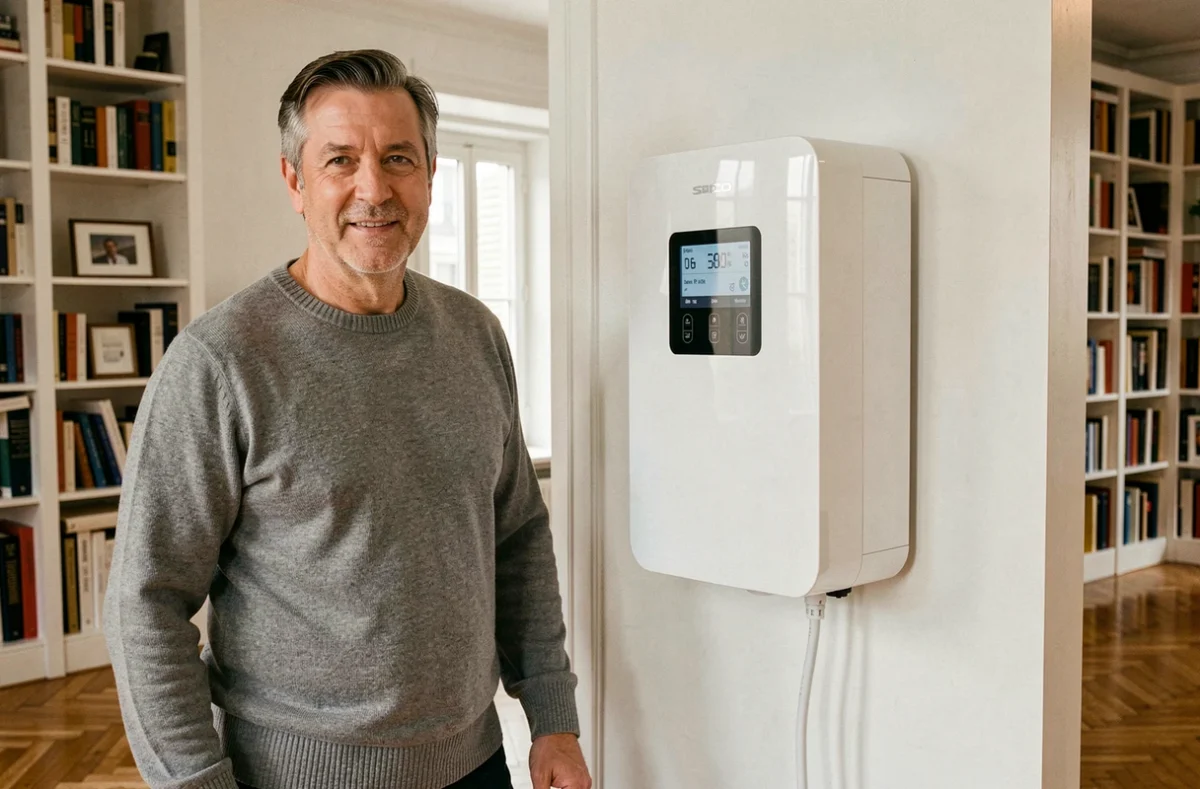 Propriétaire parisien dans son appartement rénové à côté d'une unité intérieure de pompe à chaleur installée