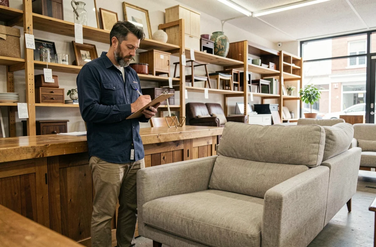 Expert en rachat de meubles évaluant un canapé dans une boutique de revente