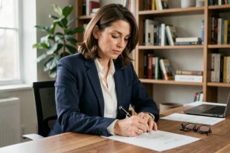 Femme professionnelle rédigeant une lettre de référence à son bureau en bois avec un stylo plume