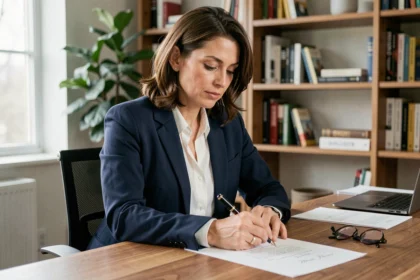 Femme professionnelle rédigeant une lettre de référence à son bureau en bois avec un stylo plume