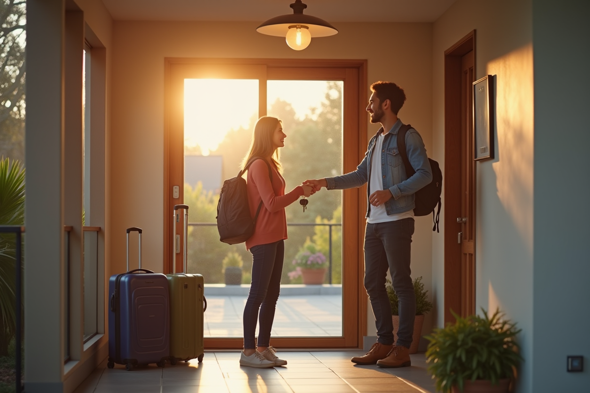 Parent et jeune adulte échangeant les clés devant la maison