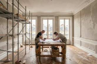 Vue large d'un appartement parisien en cours de rénovation avec des artisans au travail et des moulures haussmanniennes visibles