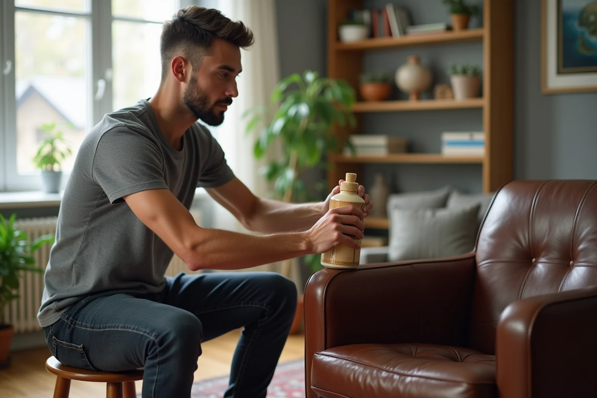 Homme rénovant un fauteuil en cuir terni avec du lait rénovateur dans un salon moderne
