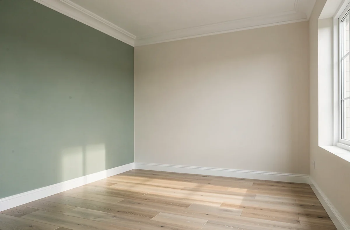Intérieur rénové avec peinture murale bicolore vert sauge et blanc cassé dans un salon moderne vide après travaux