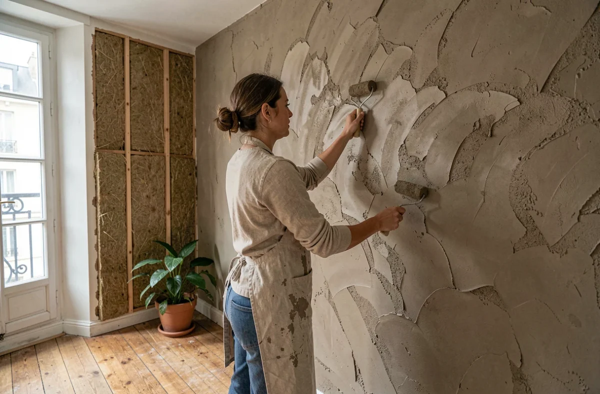 Conseillère de Rénovert Paris appliquant un enduit en argile naturelle sur un mur dans le cadre d'une rénovation écologique parisienne