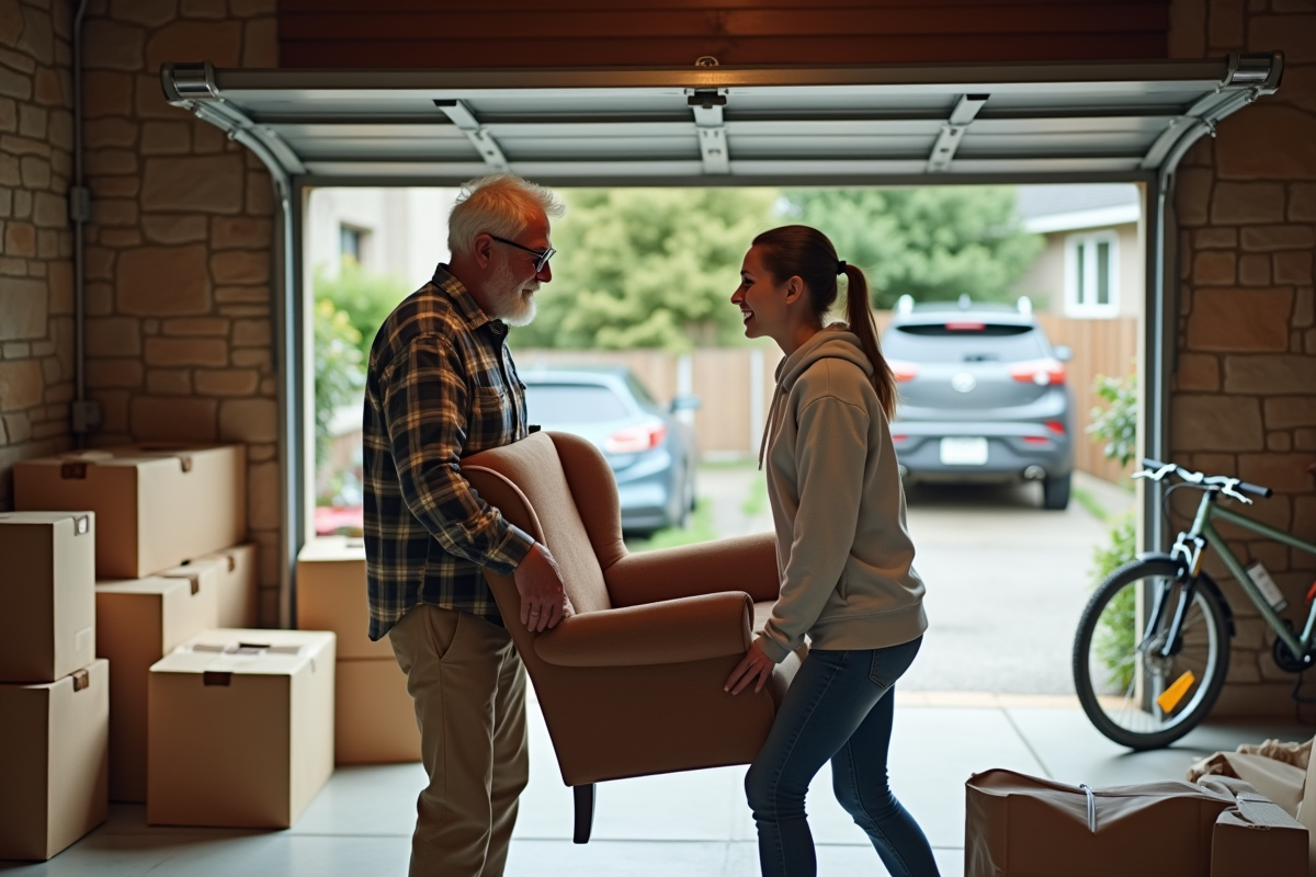 Retraite aidant sa fille à déménager dans le garage