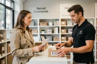Femme récupérant une commande au comptoir de retrait d'un magasin Alinea avec confirmation de commande en main