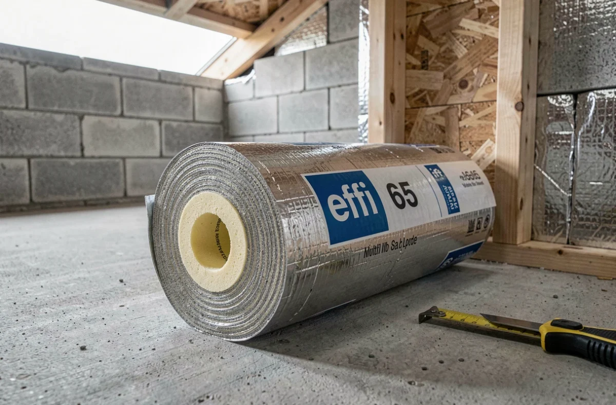 Rouleau d'isolant Effi 65 posé sur un sol en béton brut dans une extension en cours de construction