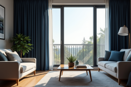Salon moderne avec grande fenetre et rideaux navy