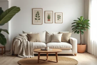 Salon cosy aménagé avec canapé en lin, plaid en tricot et décoration naturelle pour créer un intérieur chaleureux