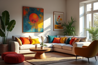 Salon eclectique et chaleureux avec mobilier personnalisé