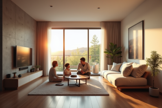 Salon moderne avec appareils connectes et famille