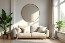 Salon moderne avec canapé clair et miroir grand