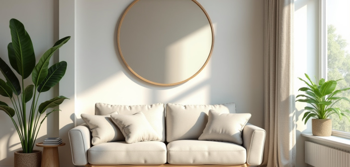 Salon moderne avec canapé clair et miroir grand