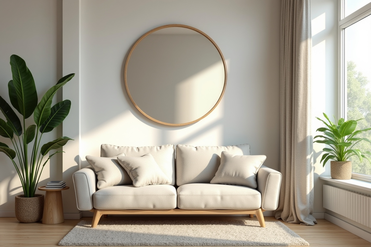Salon moderne avec canapé clair et miroir grand