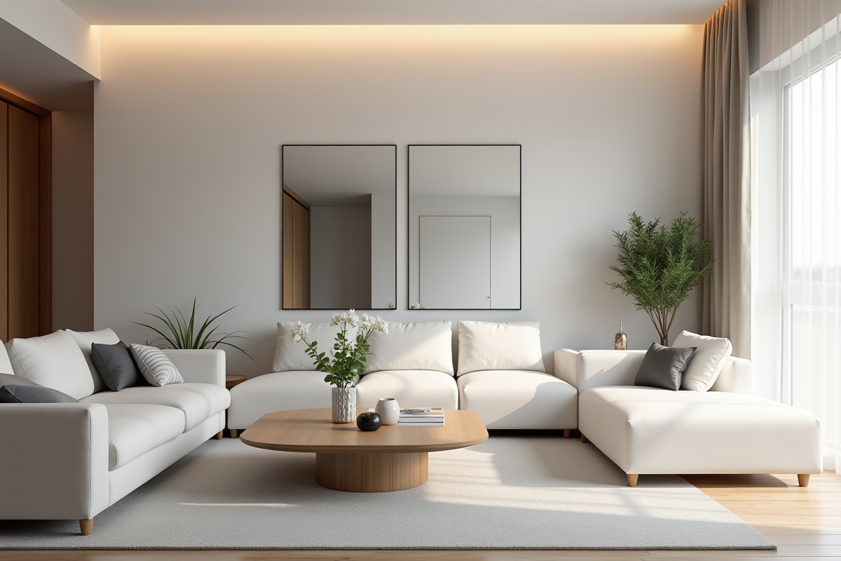 Salon neutre et moderne pour la vente avec lumiere douce