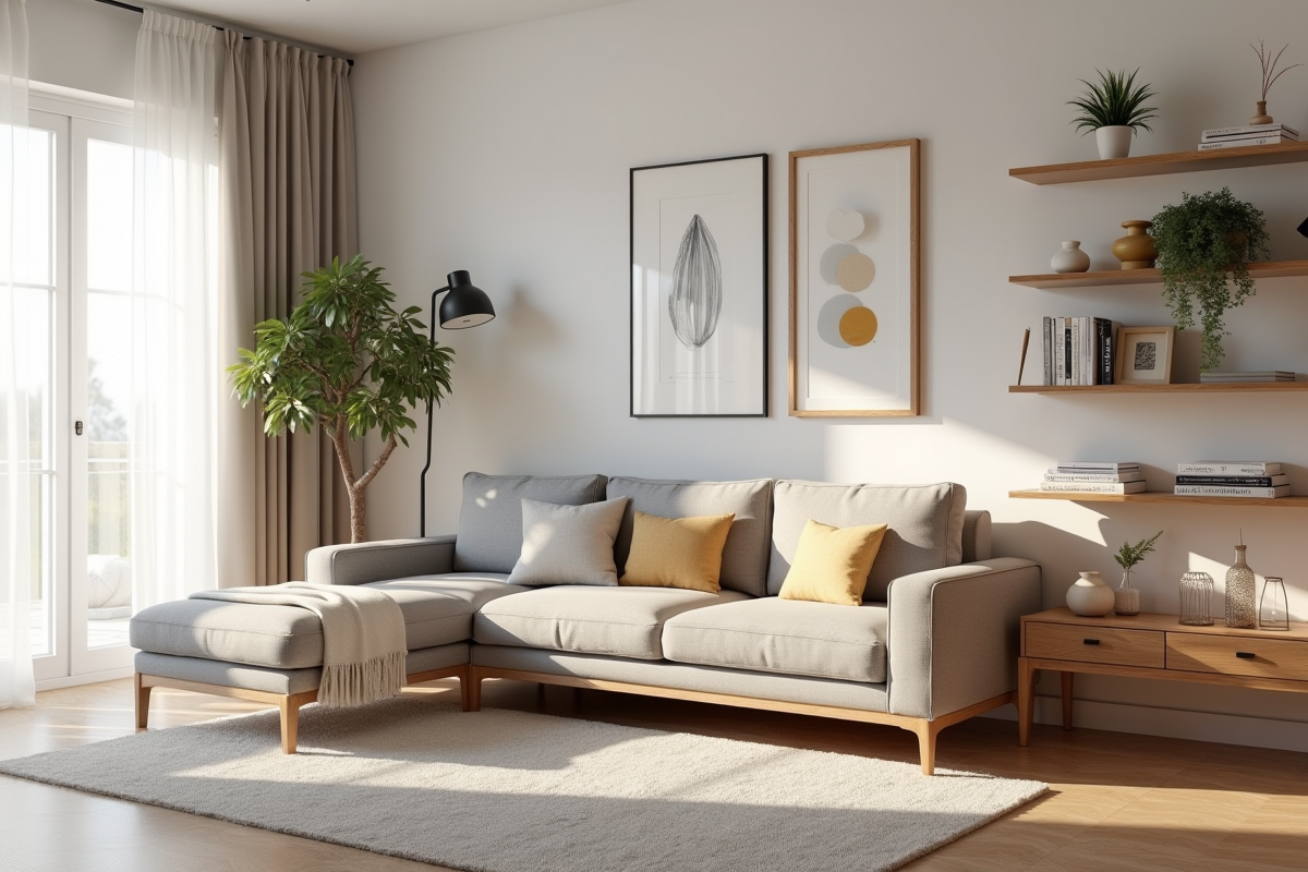 Salon scandinave avec canapé convertible et étagères