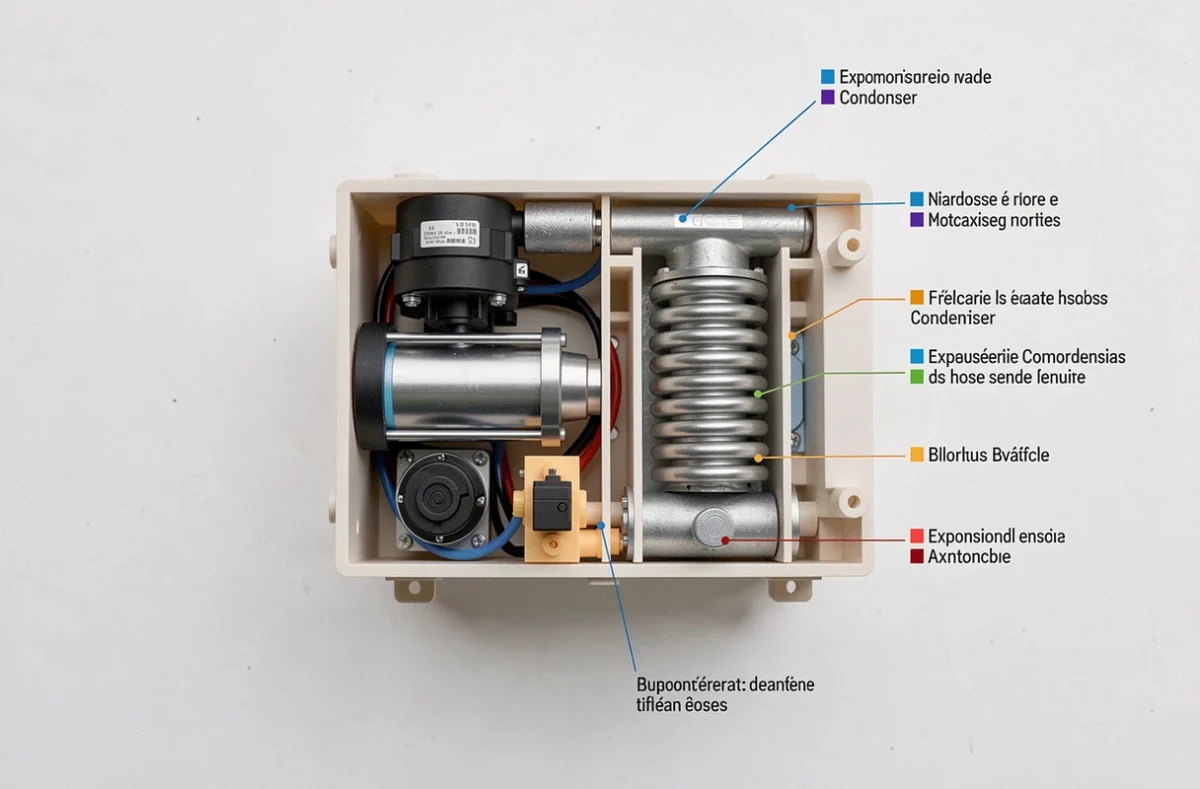 Maquette en coupe d'une pompe à chaleur air-eau illustrant compresseur évaporateur condenseur et détendeur