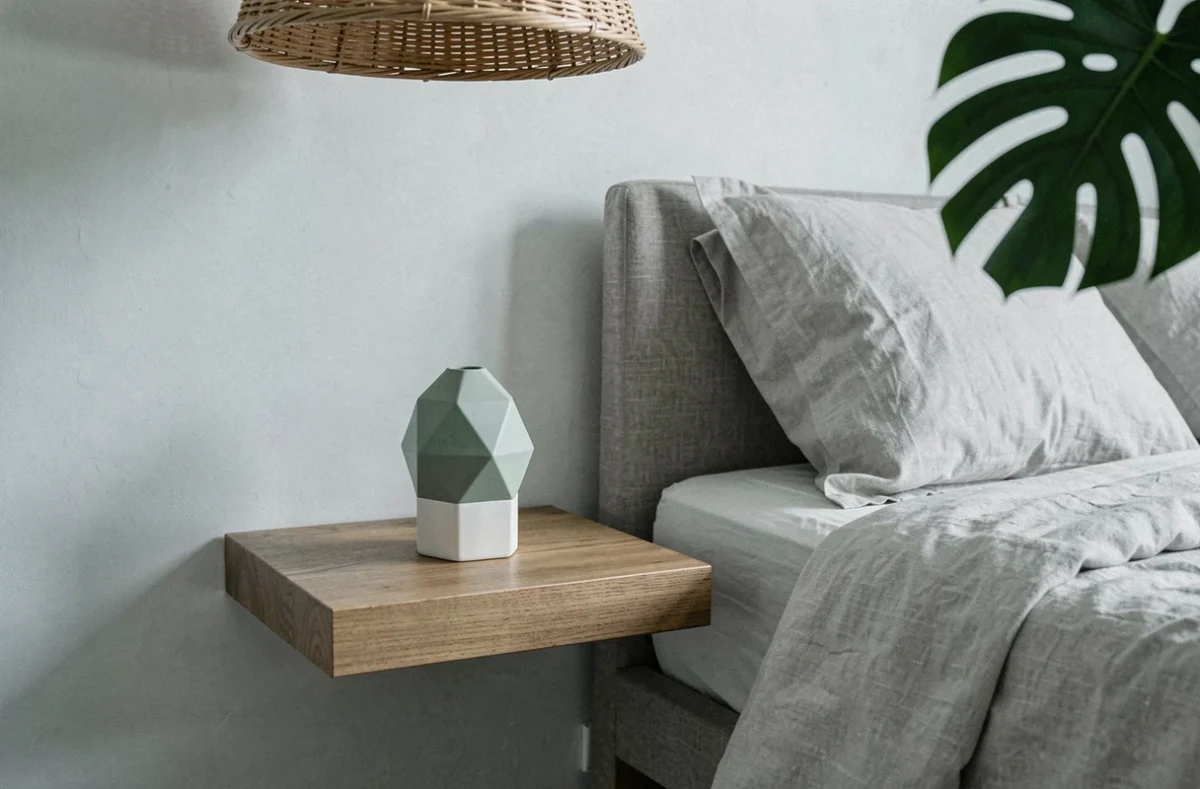 Sculpture géométrique en céramique mate posée sur une table de nuit en bois dans une chambre style scandinave épuré