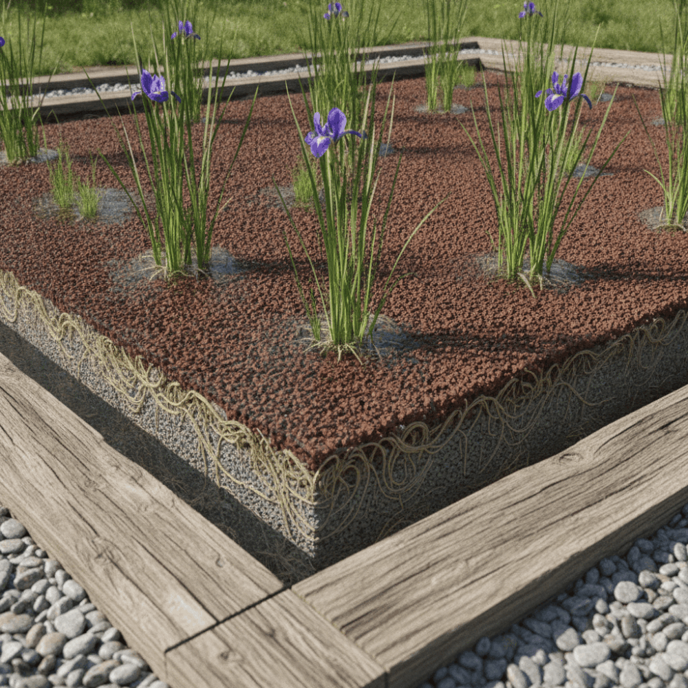 Massif filtrant de phytoépuration avec roseaux et iris dans bassins de matériaux filtrants