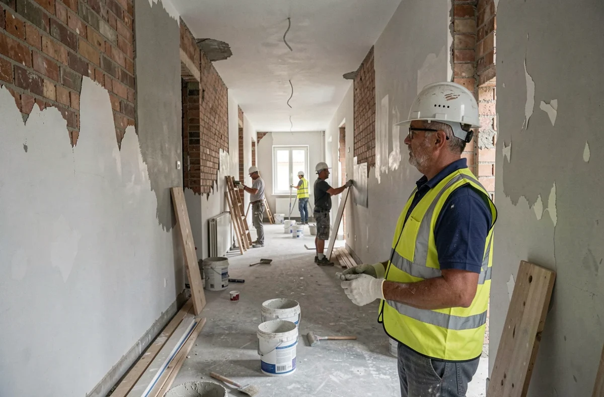Chef de chantier de Sereme supervisant des ouvriers en train de plâtrer et peindre un couloir d'immeuble parisien tous corps d'état