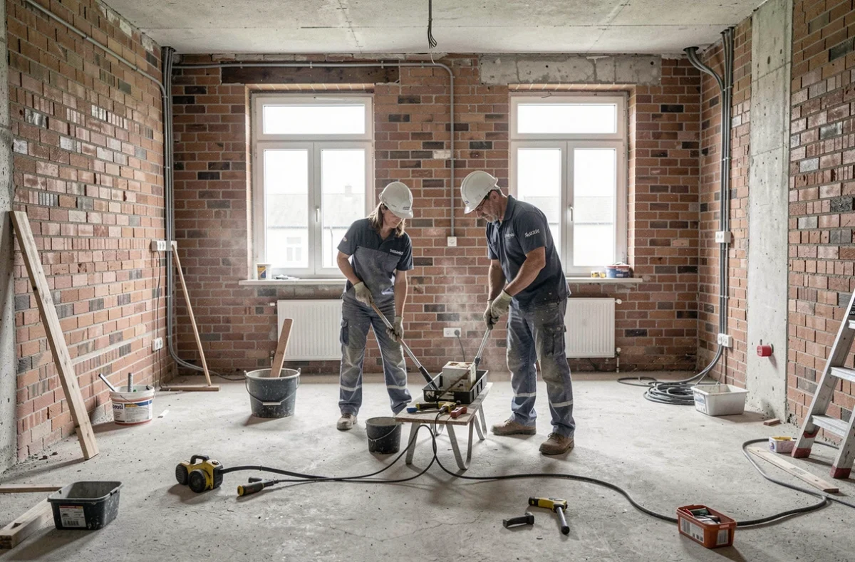 Équipe de rénovation tous corps d'état au travail dans une maison en chantier pour la Société Quesnez