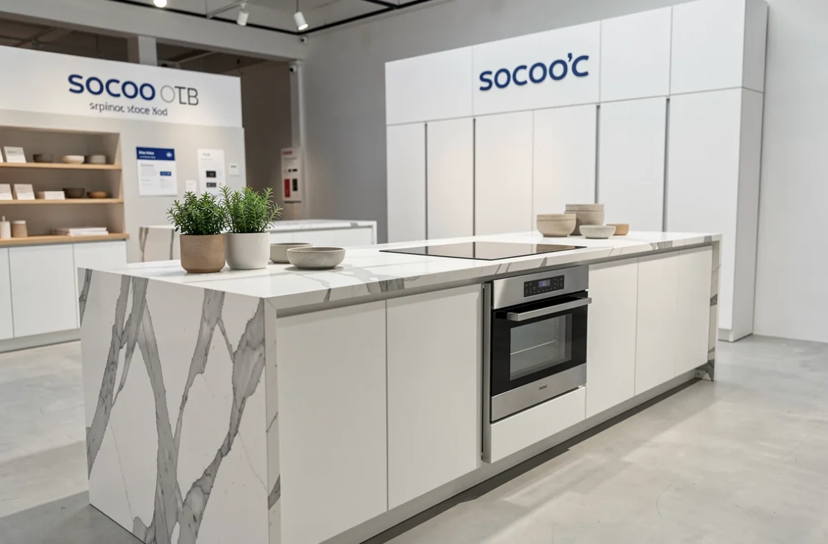 Cuisine moderne exposée dans le showroom SoCoo'c de Calais avec îlot en quartz et meubles laqués blancs