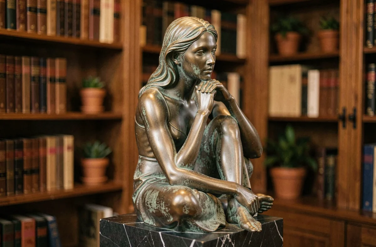 Statue figurative en bronze sur un piédestal en marbre dans une bibliothèque intérieure chaleureuse et élégante
