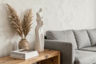 Statue décorative abstraite en plâtre blanc sur une console en chêne dans un salon moderne aux tons neutres