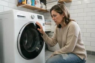 Femme observant les symboles clignotants du tableau de bord d'une machine à laver dans une buanderie moderne