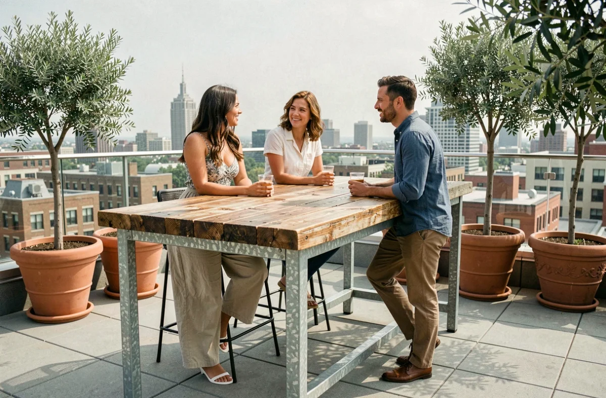 Table bar en bois recyclé et métal galvanisé sur terrasse rooftop avec ambiance conviviale