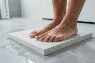 Tapis de bain en diatomite gris posé sur carrelage avec pieds humides après la douche