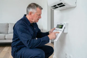 Technicien HVAC consultant une liste de codes erreur PAC Hitachi fixée près de l'unité intérieure en résidence