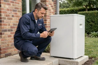 Technicien HVAC installant une pompe à chaleur air-eau devant une maison résidentielle française