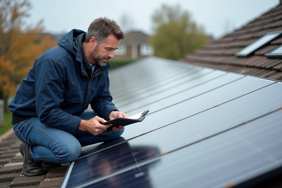 Technicien inspectant des panneaux solaires sur un toit résidentiel