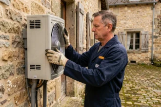 Technicien inspectant une pompe à chaleur installée sur le mur en pierre d'une vieille maison de campagne française