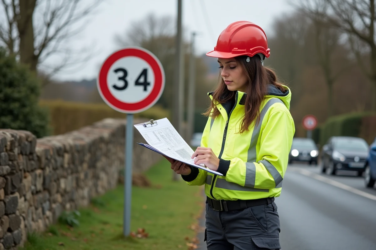 Technicienne de sécurité routière vérifiant l'installation d'un panneau B34 dans un village français