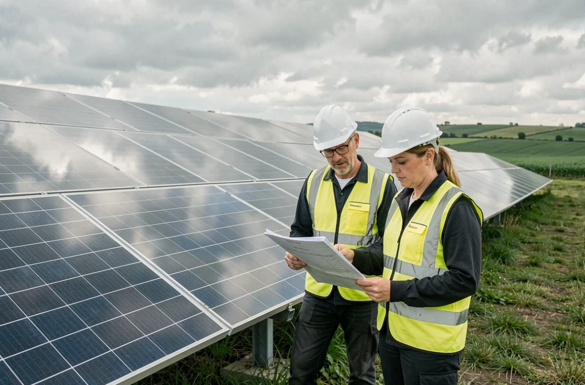 Deux techniciens solaires inspectant une installation de panneaux solaires en promotion dans un champ
