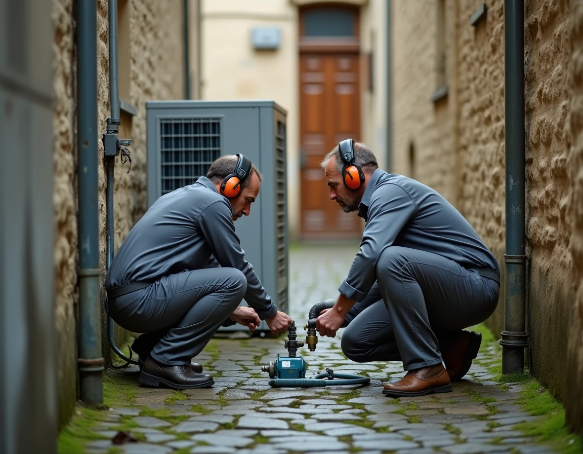 Deux techniciens inspectant les raccordements d'une pompe à chaleur dans une cour intérieure parisienne pavée