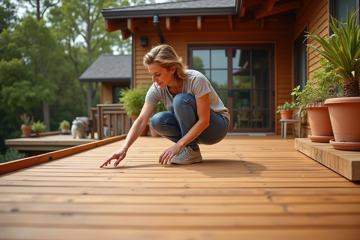Terrasse en bois dur surélevée montrant la structure des lambourdes et l'entraxe sous les lames dans un jardin résidentiel