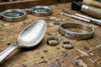Gros plan sur des objets en argent massif et argenté posés sur un établi de bijoutier, montrant les différences de poinçons et de texture de surface