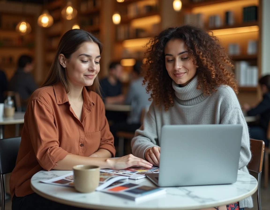 Deux femmes qui comparent des catalogues de décoration et réalisent un test de style intérieur ensemble dans un café cosy