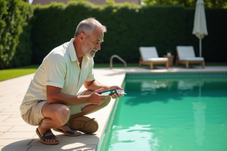 Homme testant l'eau d'une piscine verte en été