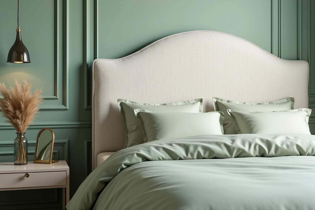 Tête de lit en bouclé crème sur mur vert céladon avec déco minimaliste pour chambre design et apaisante