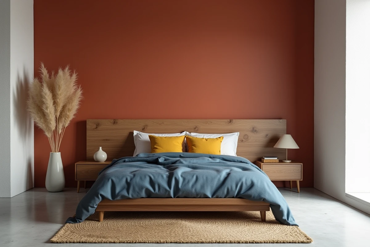 Tête de lit en noyer naturel sur mur terracotta avec linge de lit bleu ardoise dans une chambre scandinave
